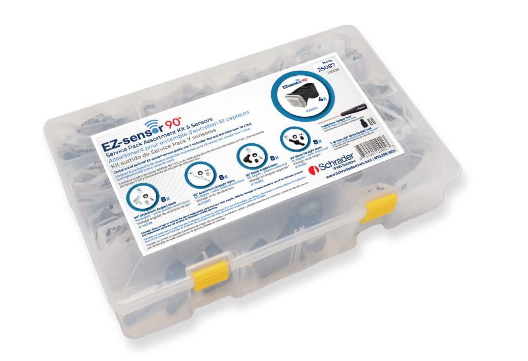 Schrader 90 EZ-sensor Service Pack Assortment, Containing 4 90 EZ-sensors and 8 each of 4 valve variations (Straight Silver, Angled Silver, Straight Black, Angled Black)