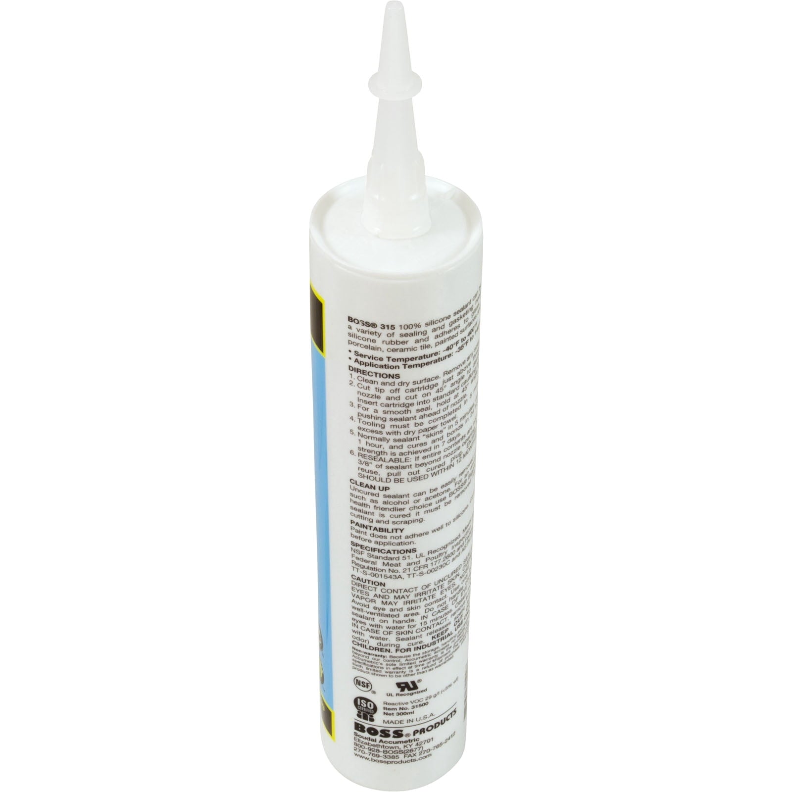 Silicone, Boss 100% RTV Sealant, Cartridge, Clear